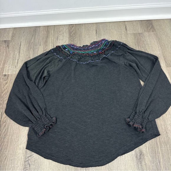 Free People Siesta Fiesta Embroidered Crochet Top Long Sleeve Boho Medium Gray - Picture 4 of 7